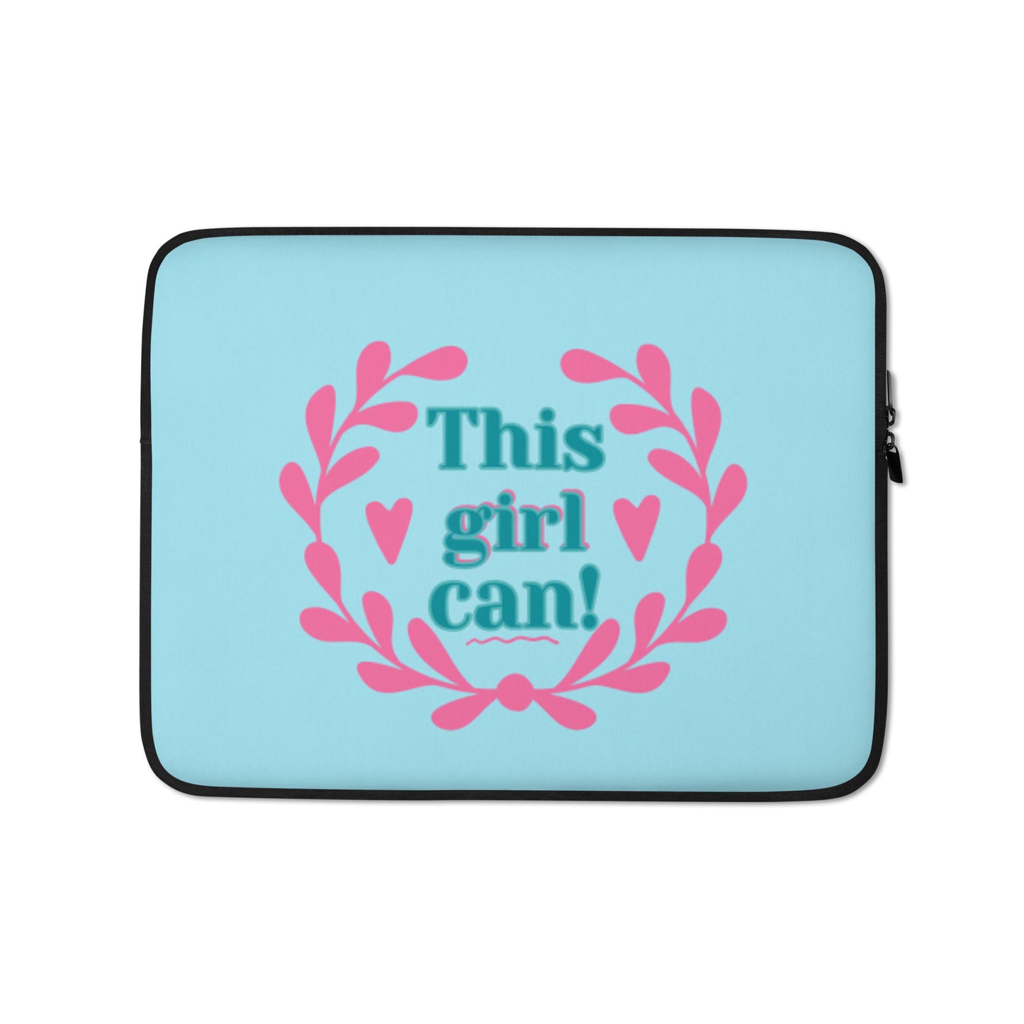 A light blue laptop tablet sleeve with 'This girl can!' text and leaf motifs in pink on the front.