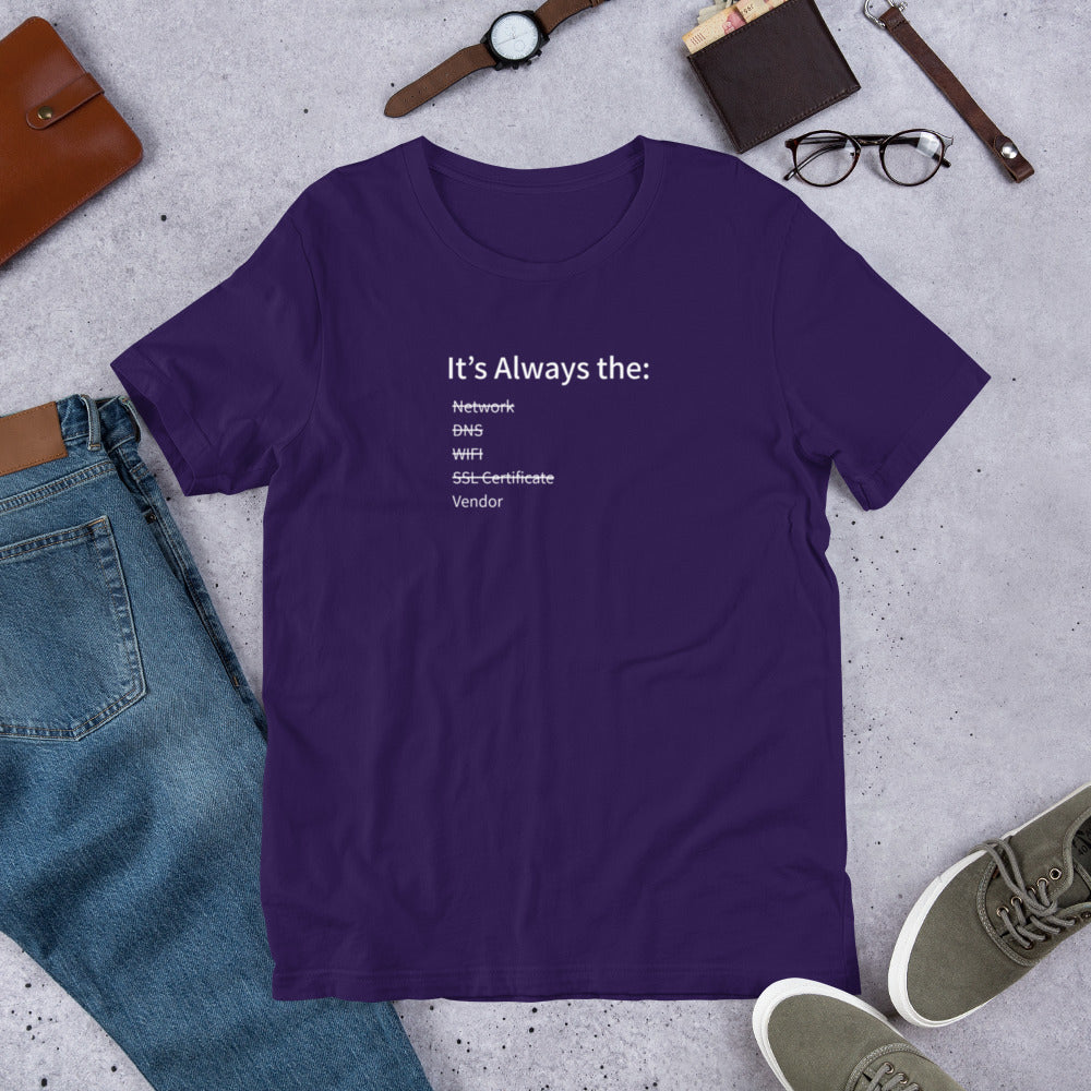 Funny IT t-shirt blaming vendor for network outages, sysadmin humor shirt.