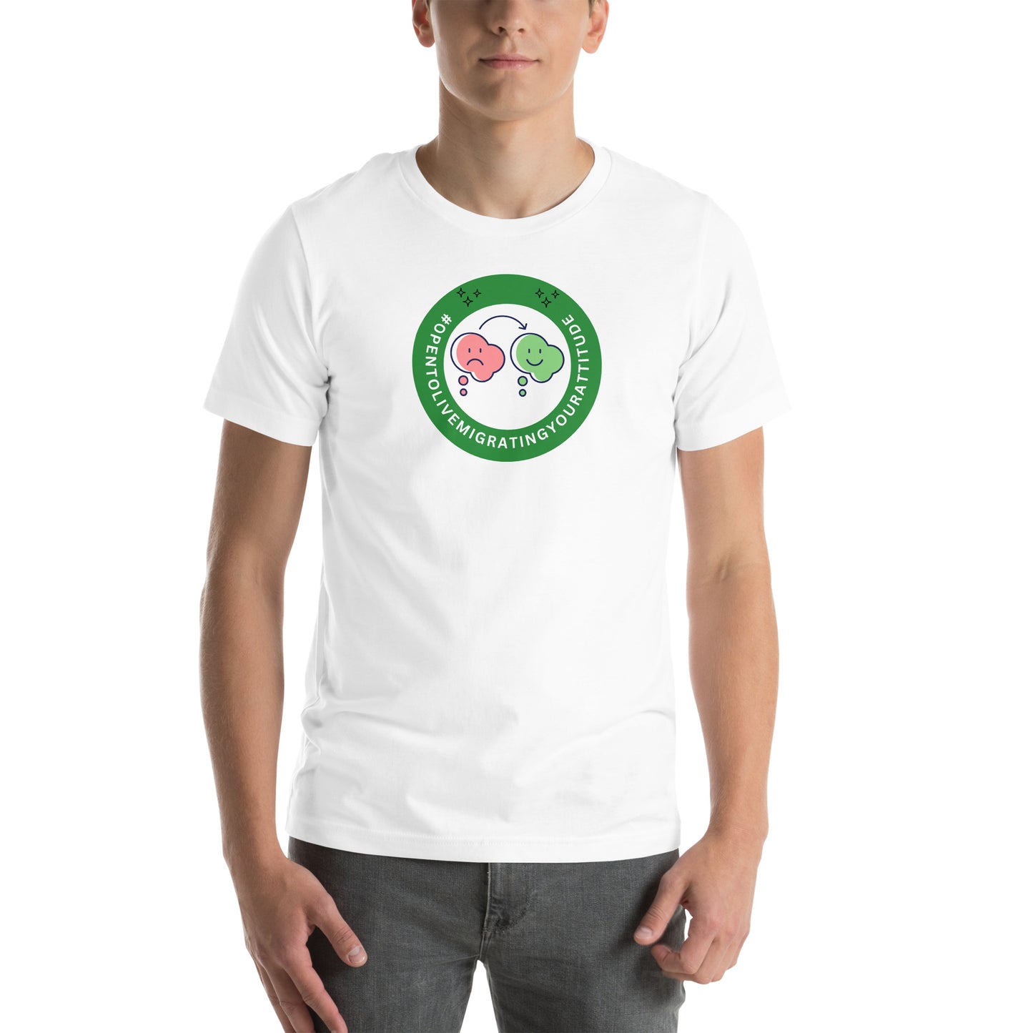 T-shirt with a Work Status Badge that says #OPENTOLIVEMIGRATINGYOURATTITUDE