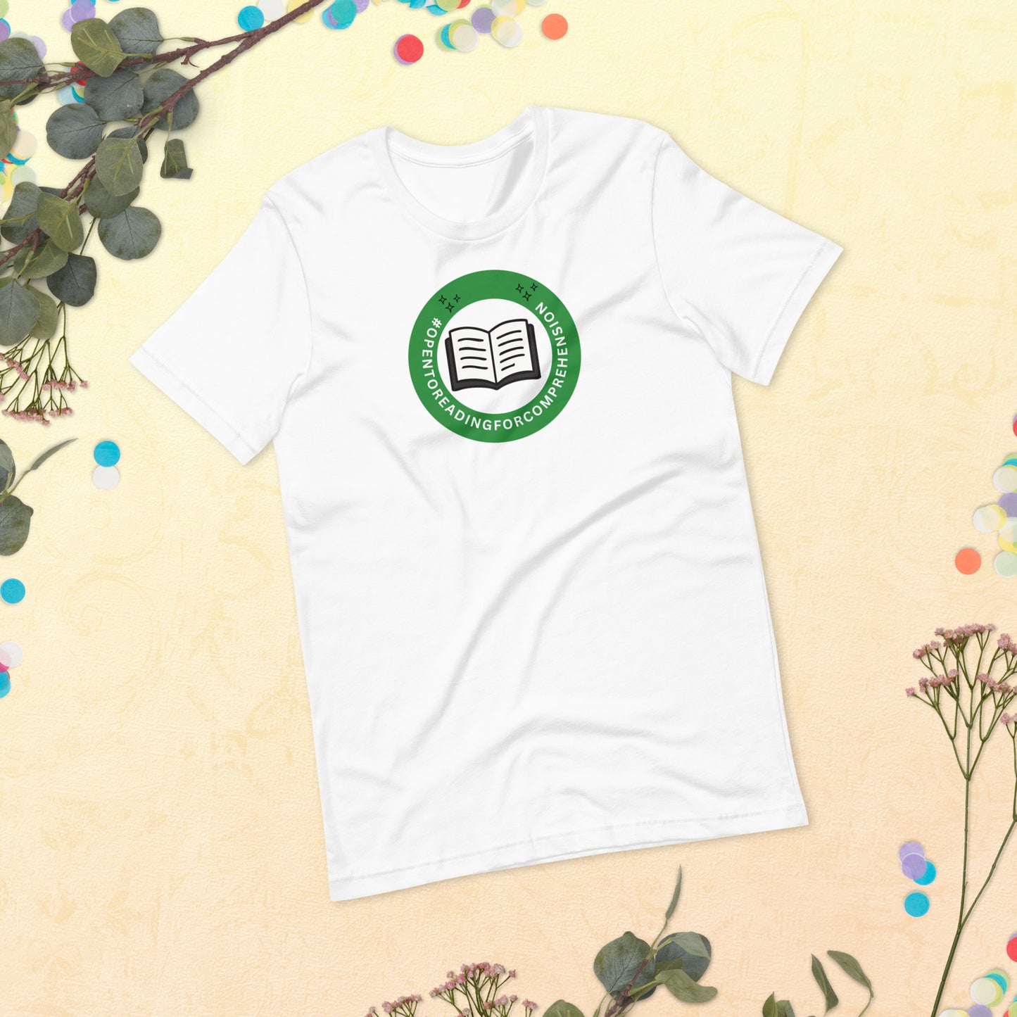 A shirt that says Open To Reading for Comprehension in the style of a Workplace Status Badge.