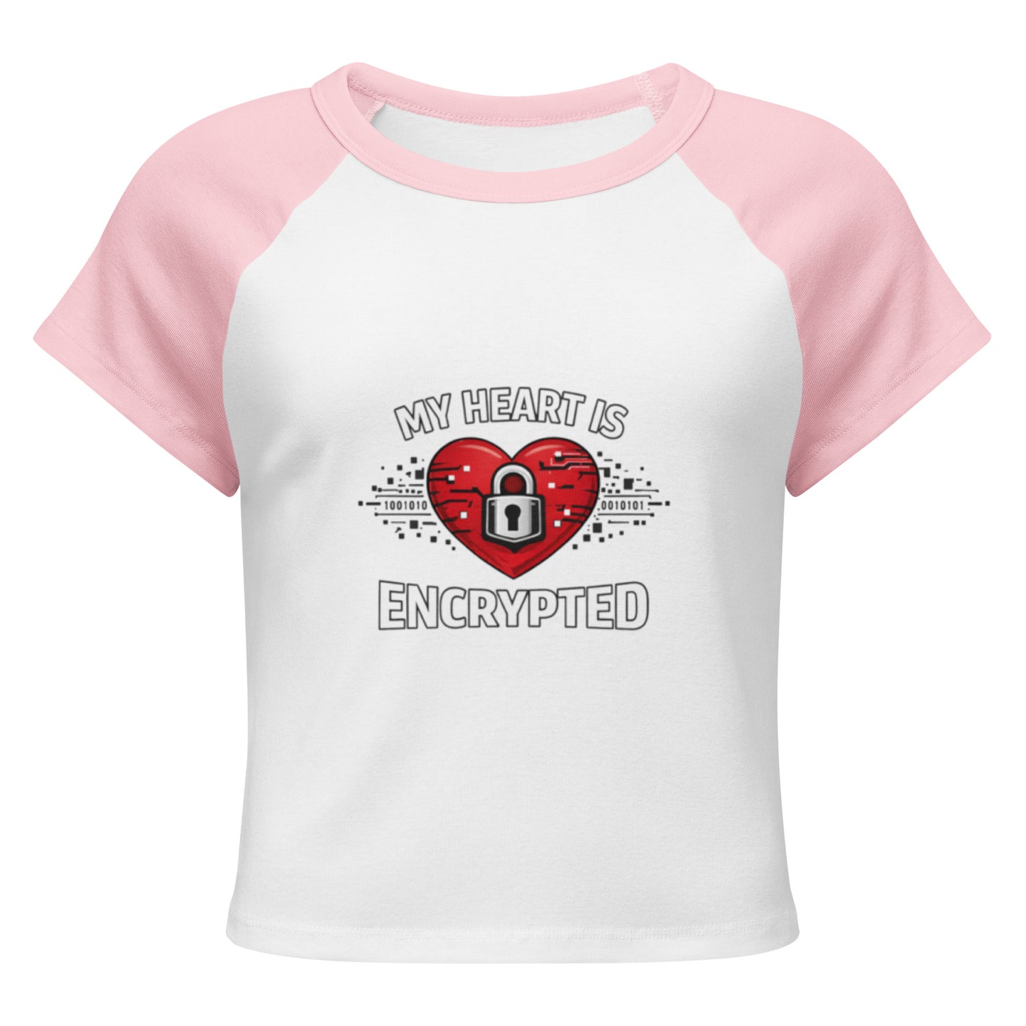 Front View of a women's white micro rib raglan baby t-shirt with pink sleeves showing a red heart with a lock on it and the words My Heart Is Encrypted surrounding it.