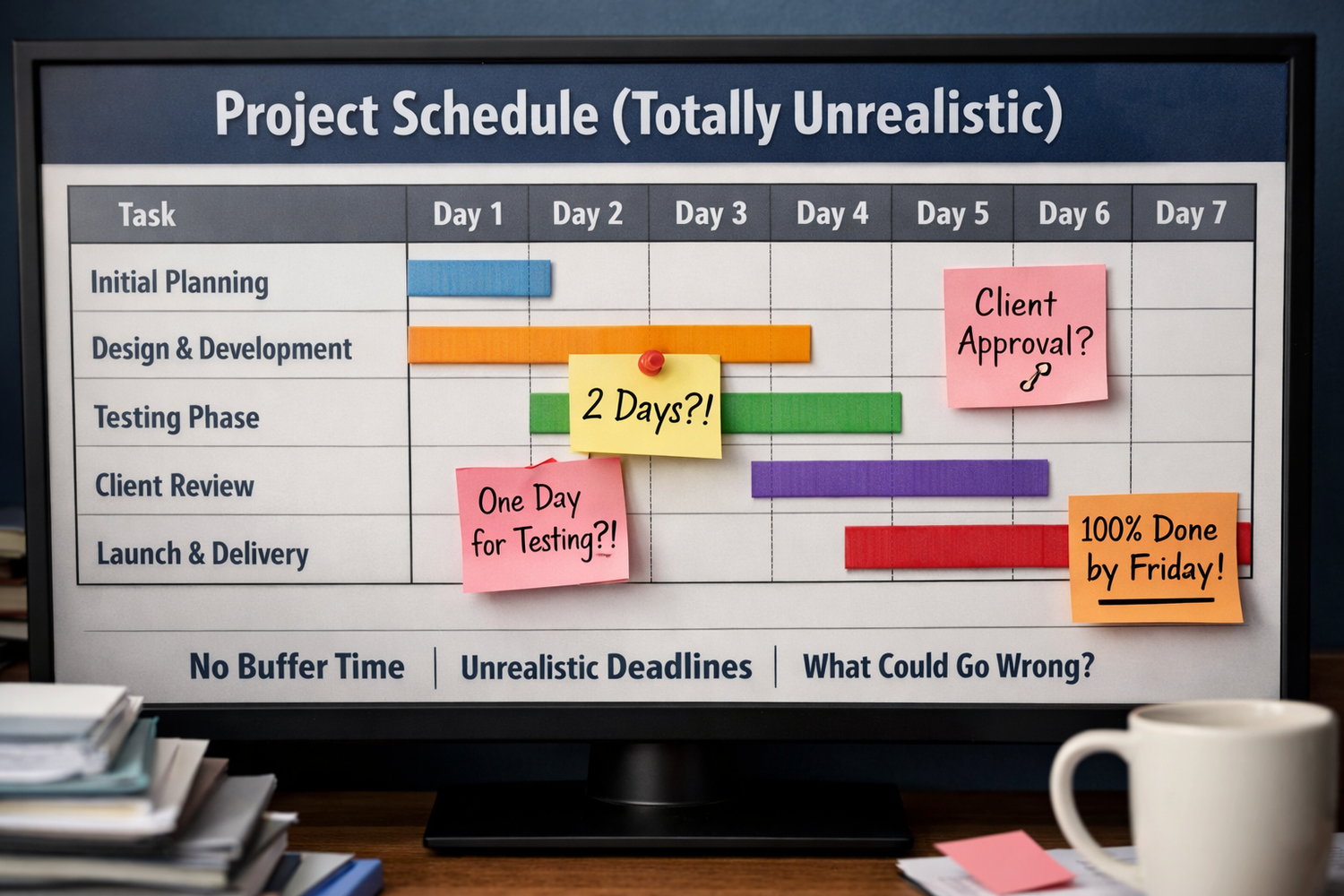 A picture of a chart showing a totally unrealistic project schedule.