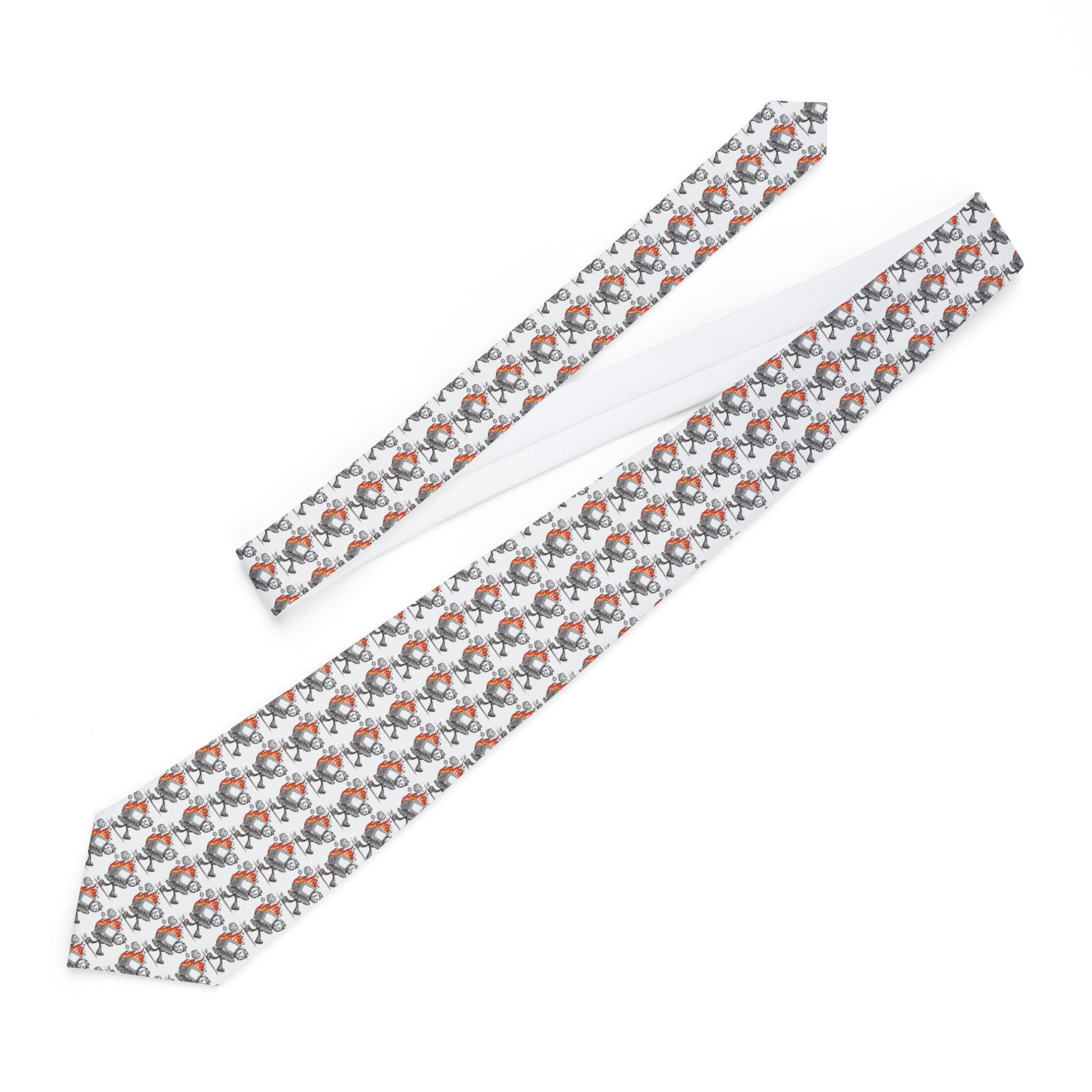 A white necktie with repeating pictures of a guy carrying a computer that is on fire.