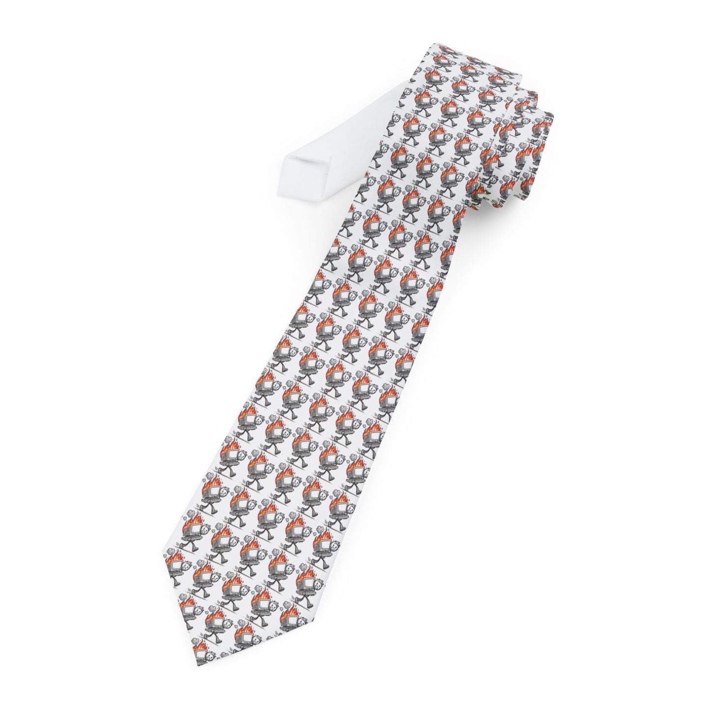 A rolled up white tie that has a repeating picture of a guy carrying a computer that's on fire.
