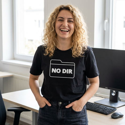 A young woman wearing a T-Shirt that says NO DIR inside a folder graphic