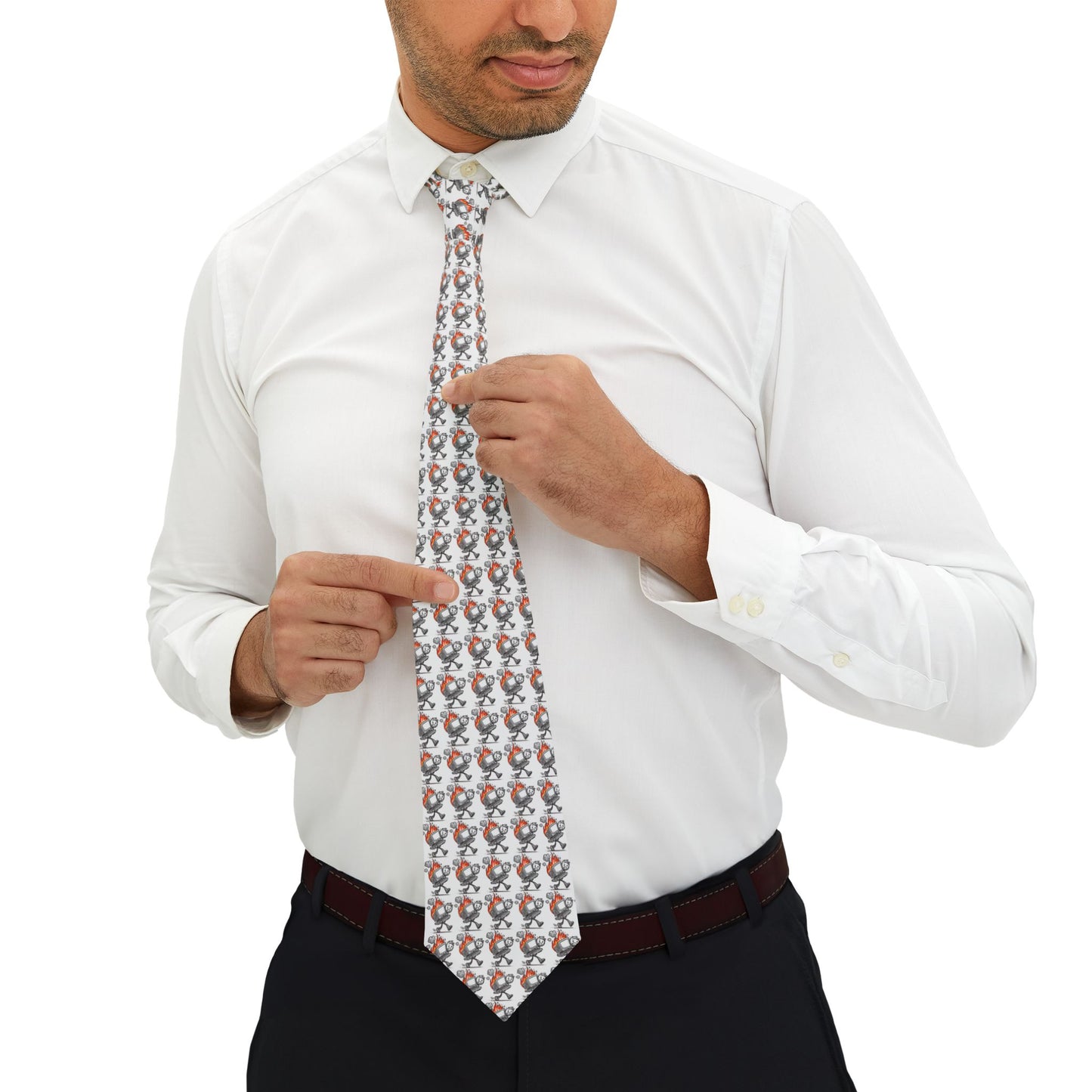 Man adjusting a tie that has pictures of a guy carrying a computer that's on fire.