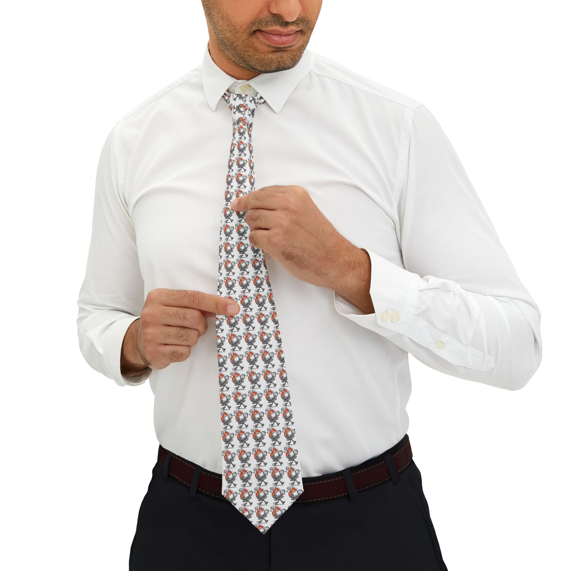 Man adjusting a tie that has pictures of a guy carrying a computer that's on fire.