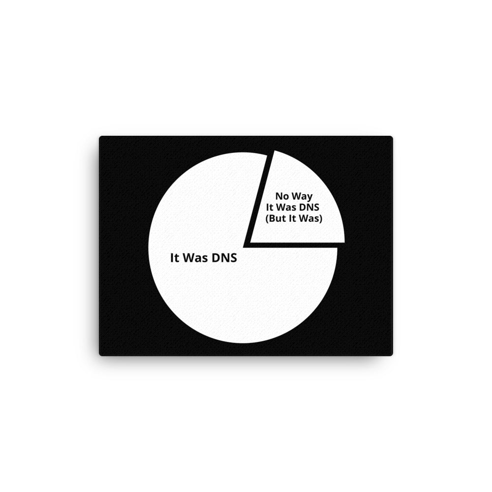 A black rectangular canvas print featuring a white pie-chart graphic with the text 'It Was DNS' and 'No Way It Was DNS (But It Was)', shown on a clean white background.