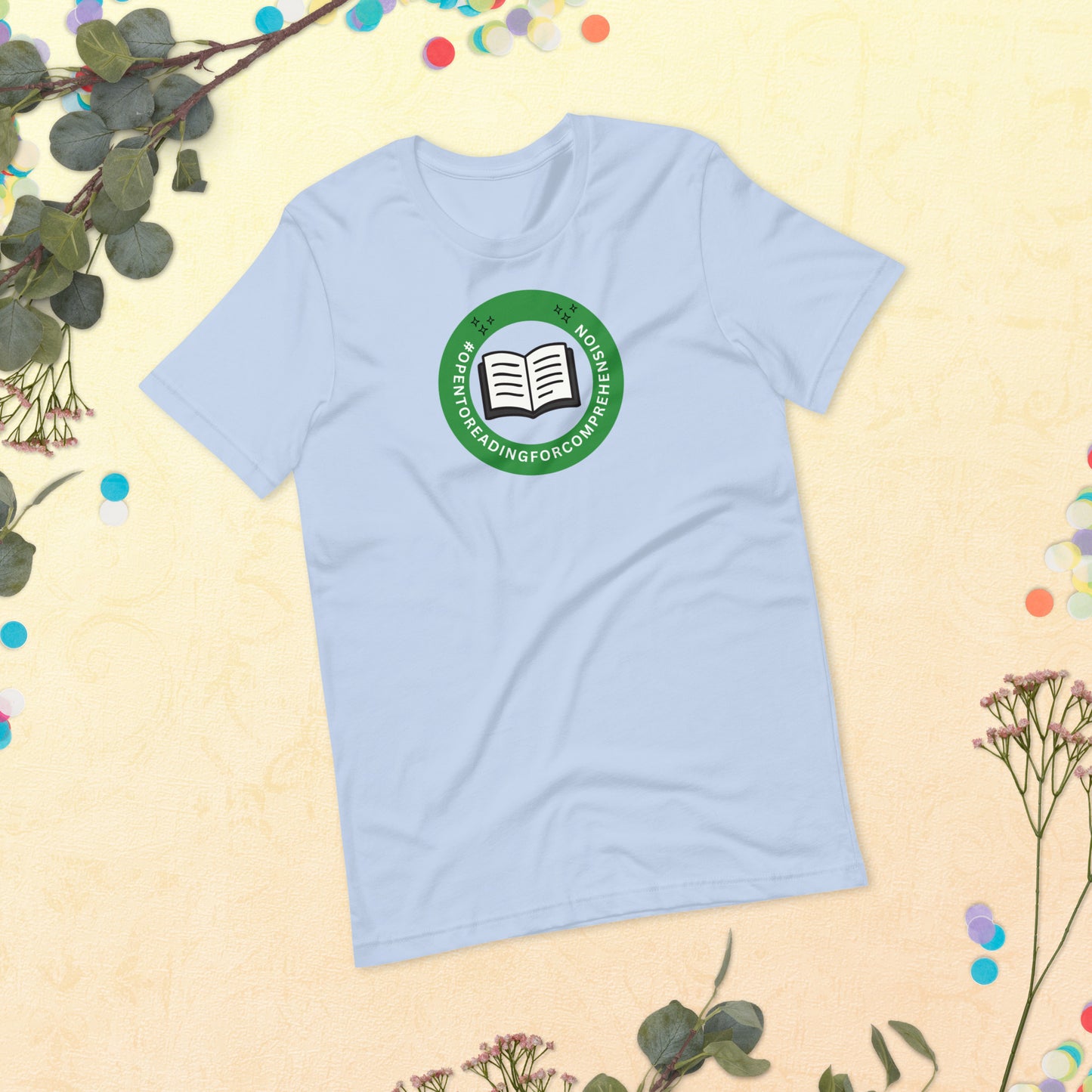 A shirt that says Open To Reading for Comprehension in the style of a Workplace Status Badge.