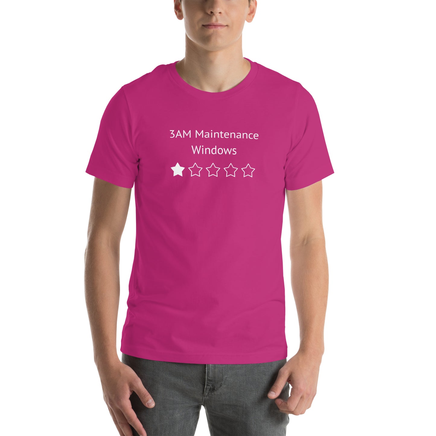 A unisex tshirt that says 3AM Maintenance Windows and shows a 1 Star Rating
