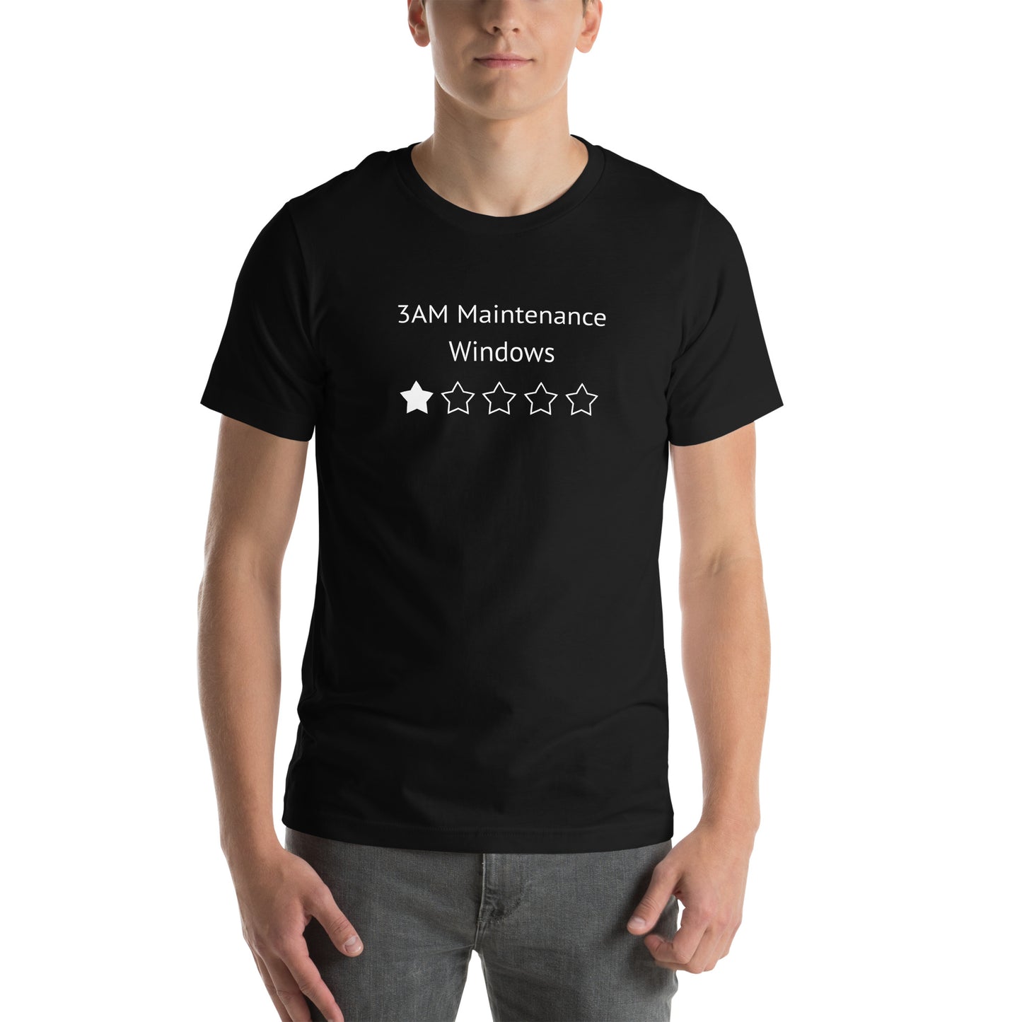 A black tshirt that says 3AM Maintenance Windows and shows a 1 Star Rating