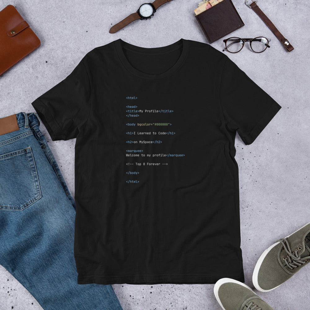 A Black T-Shirt with old school html code that says I learned to code on myspace.