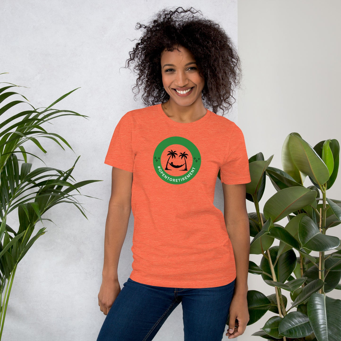T-Shirt that has a design that shows a work status badge that says #OPENTORETIREMENT and shows a woman in a hammock between two palm trees.