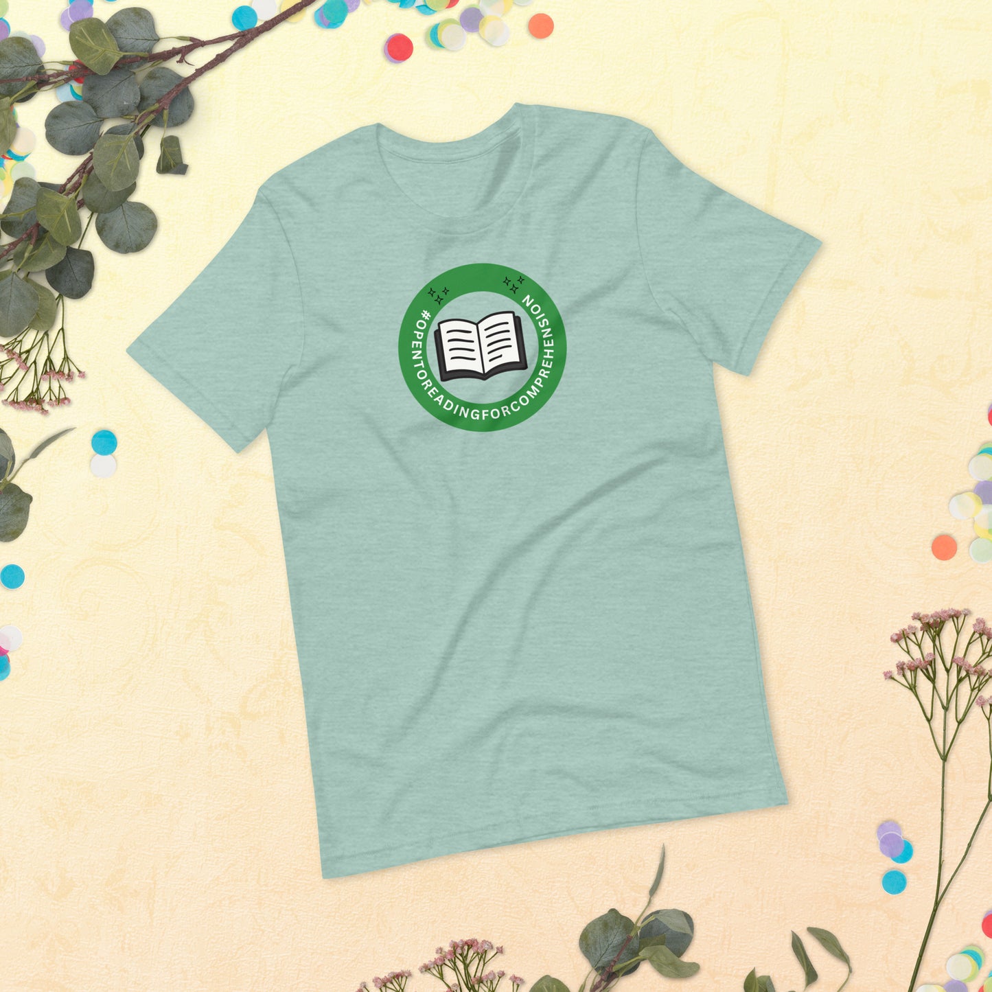 A shirt that says Open To Reading for Comprehension in the style of a Workplace Status Badge.