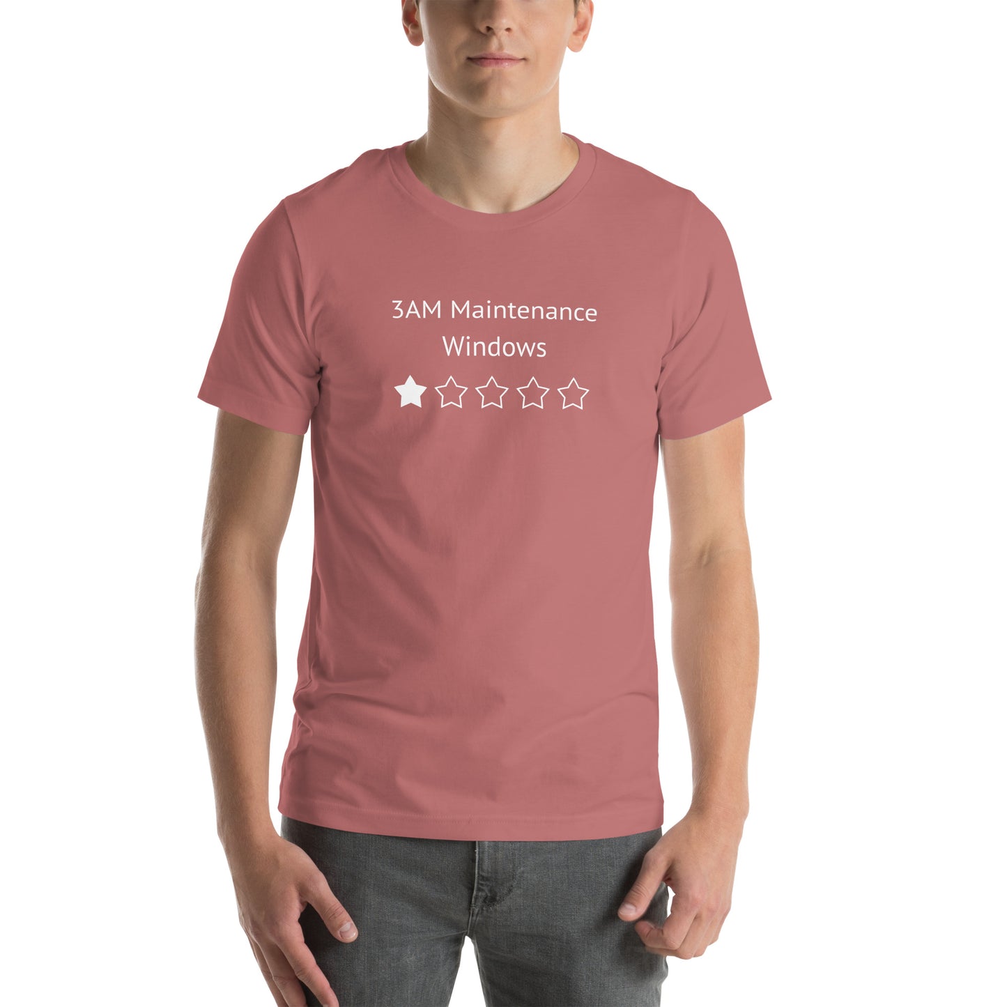 A mauve tshirt that says 3AM Maintenance Windows and shows a 1 Star Rating