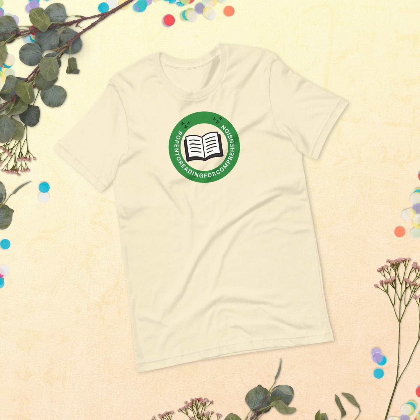 A shirt that says Open To Reading for Comprehension in the style of a Workplace Status Badge.