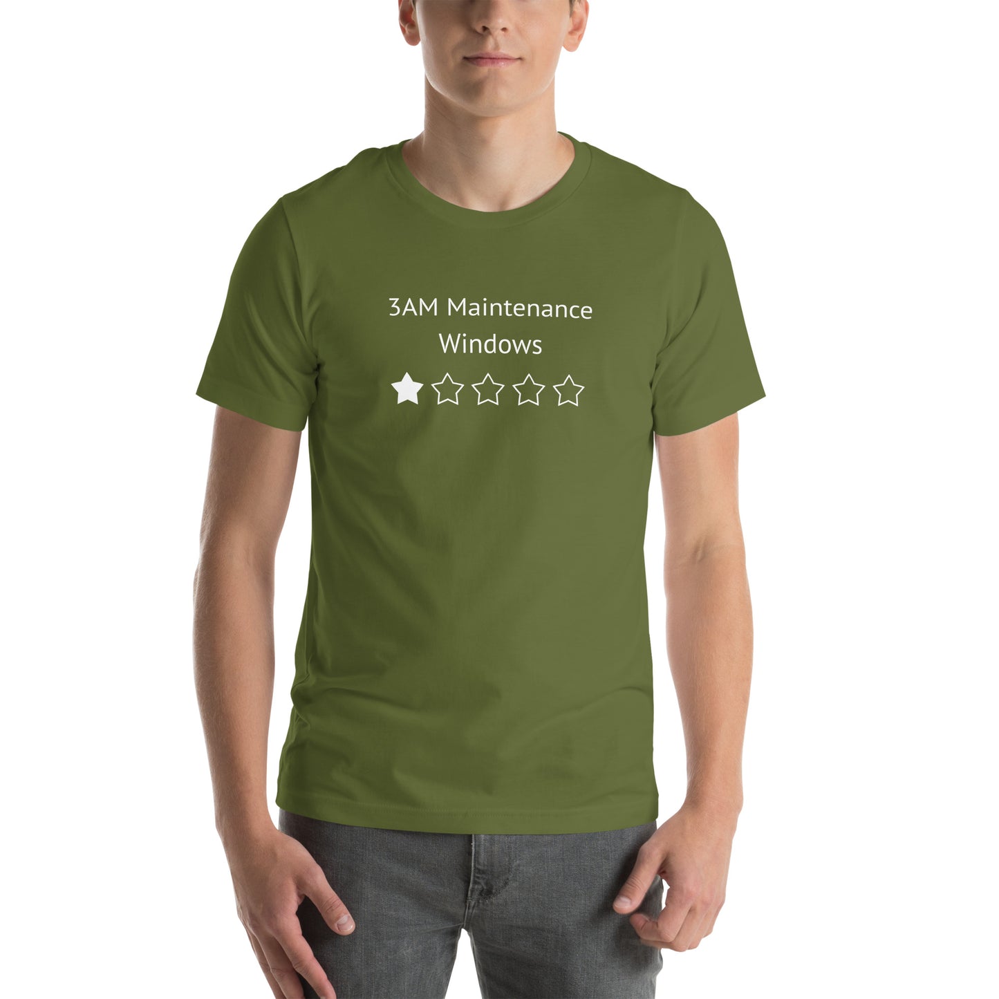A funny tshirt that says 3AM Maintenance Windows and shows a 1 Star Rating for Sysadmins and Data Center Engineers