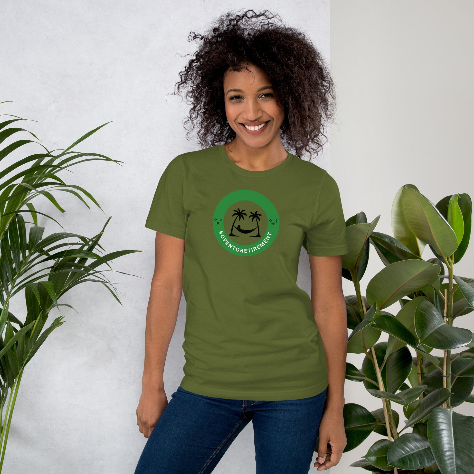 T-Shirt that has a design that shows a work status badge that says #OPENTORETIREMENT and shows a woman in a hammock between two palm trees.