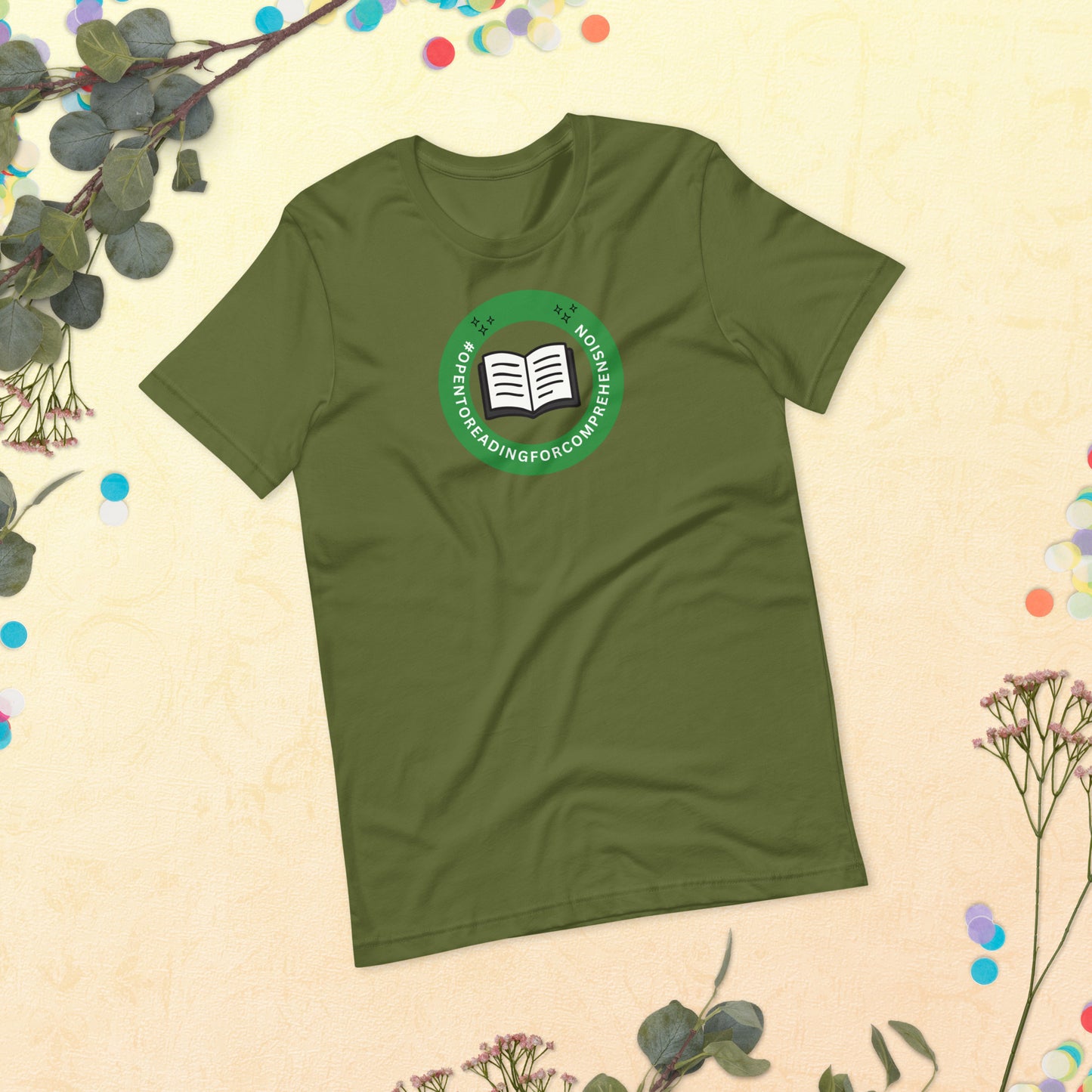 A shirt that says Open To Reading for Comprehension in the style of a Workplace Status Badge.