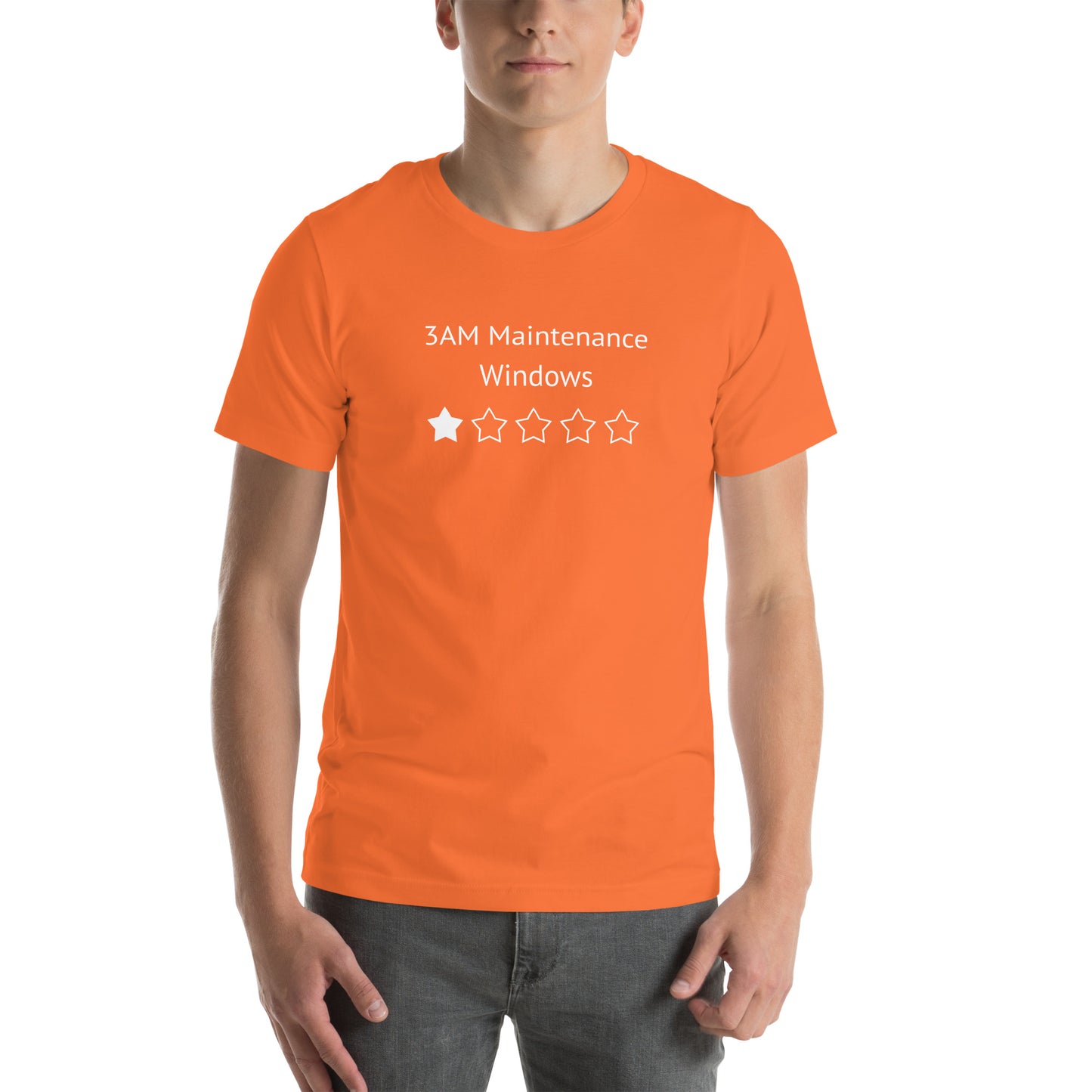 A funny orange tshirt that says 3AM Maintenance Windows and shows a 1 Star Rating
