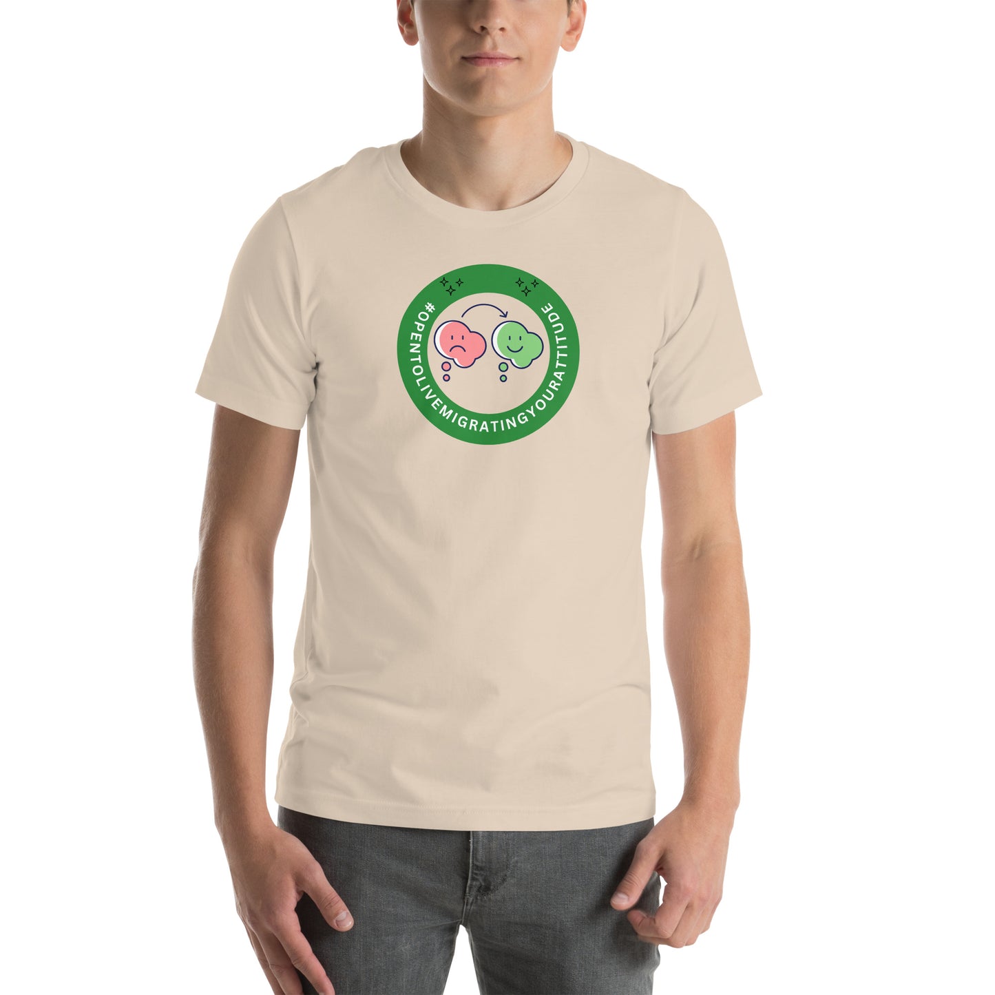 T-shirt with a Work Status Badge that says #OPENTOLIVEMIGRATINGYOURATTITUDE