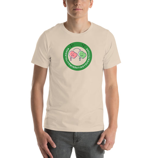 T-shirt with a Work Status Badge that says #OPENTOLIVEMIGRATINGYOURATTITUDE