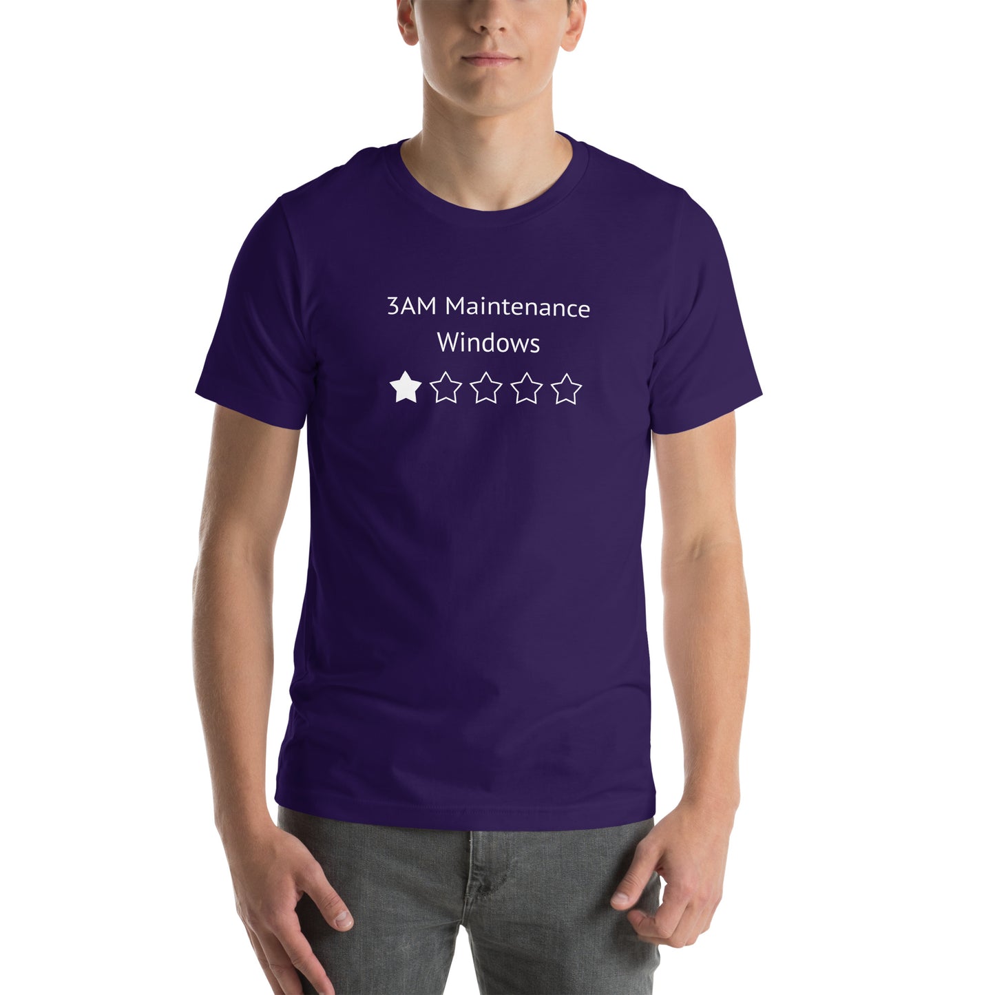 A funny tshirt that says 3AM Maintenance Windows and shows a 1 Star Rating