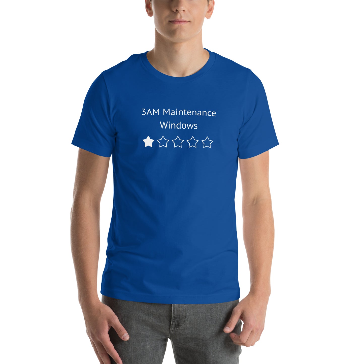 A funny tshirt that says 3AM Maintenance Windows and shows a 1 Star Rating for sysadmins, network engineers.