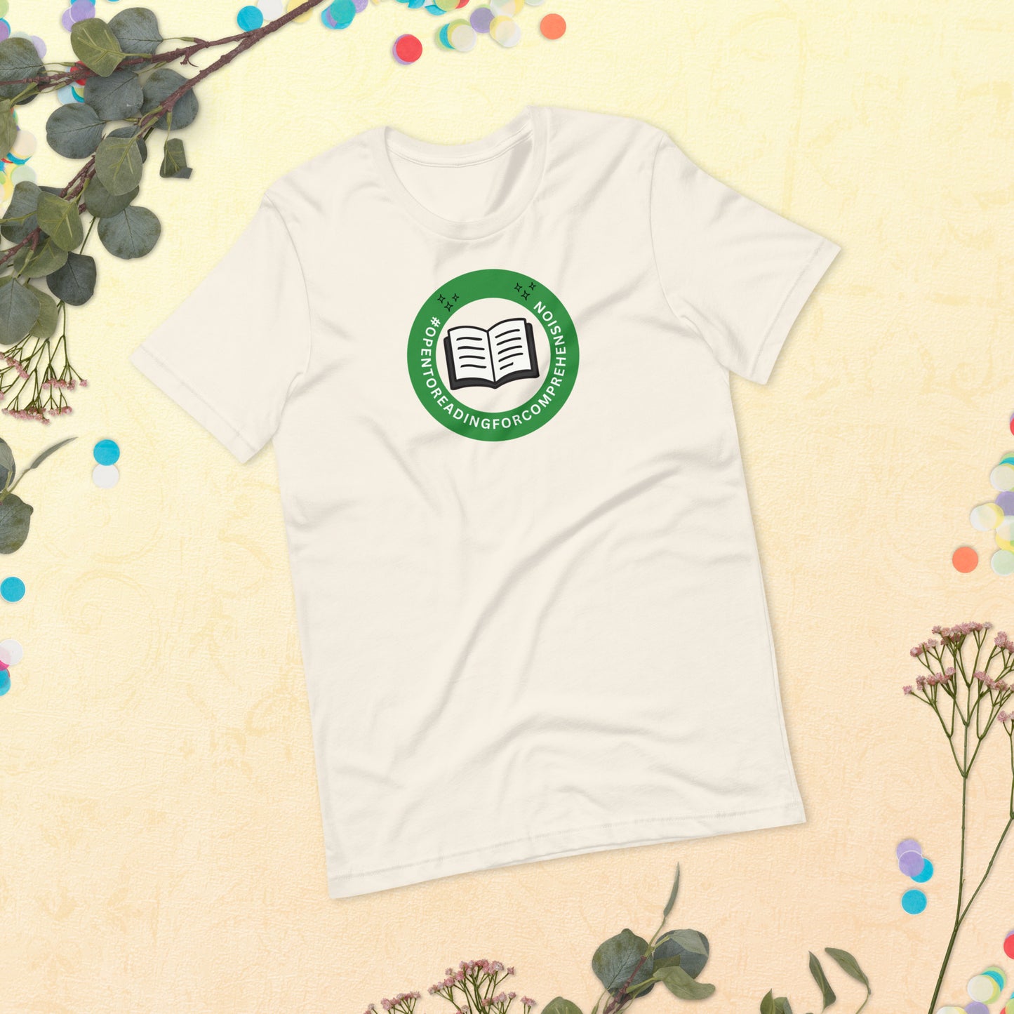 A shirt that says Open To Reading for Comprehension in the style of a Workplace Status Badge.