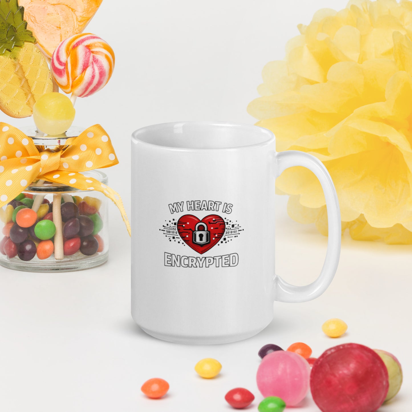 A picture of a white glossy mug with a red heart that has a lock on it and the words My Heart is Encrypted.
