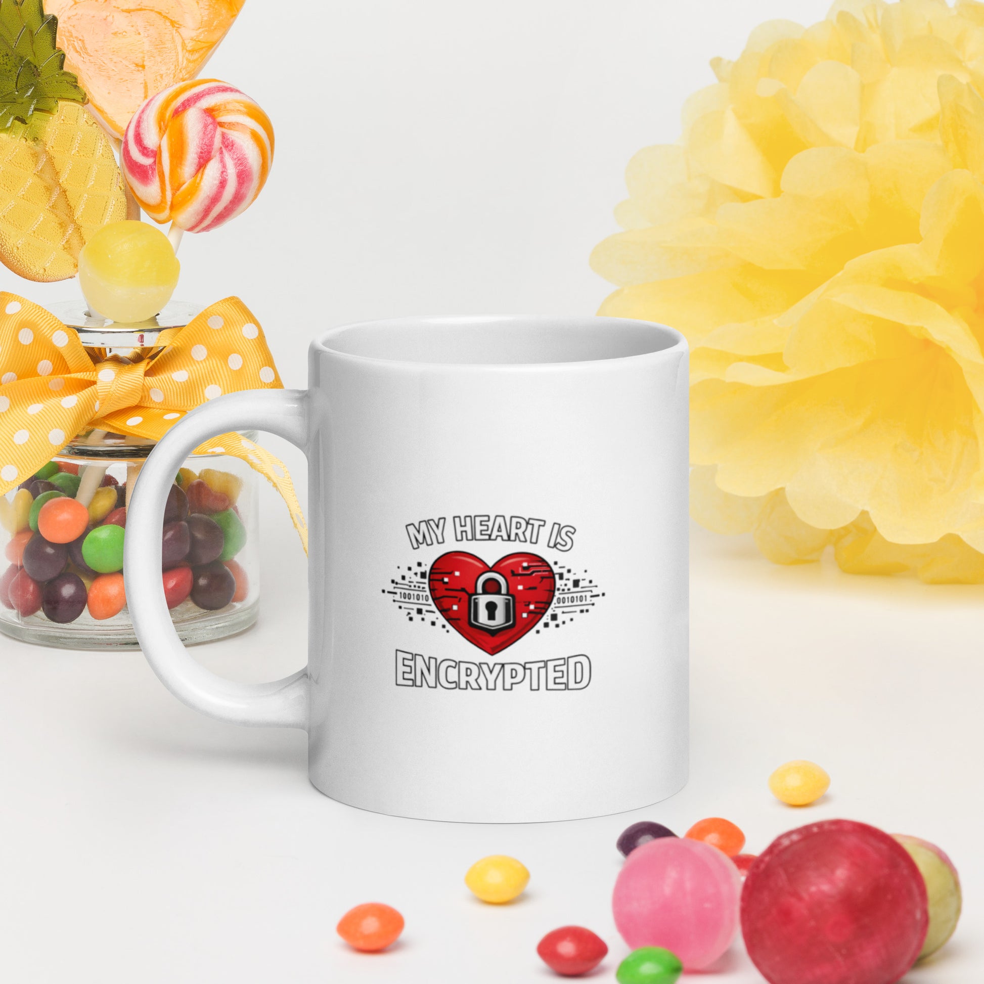 A picture of a white glossy mug with a red heart that has a lock on it and the words My Heart is Encrypted.