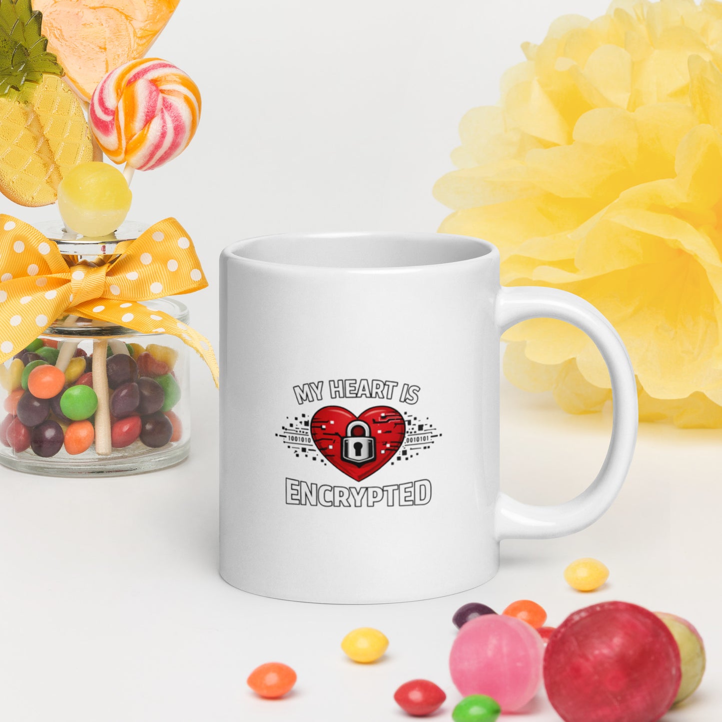 A picture of a white glossy mug with a red heart that has a lock on it and the words My Heart is Encrypted.