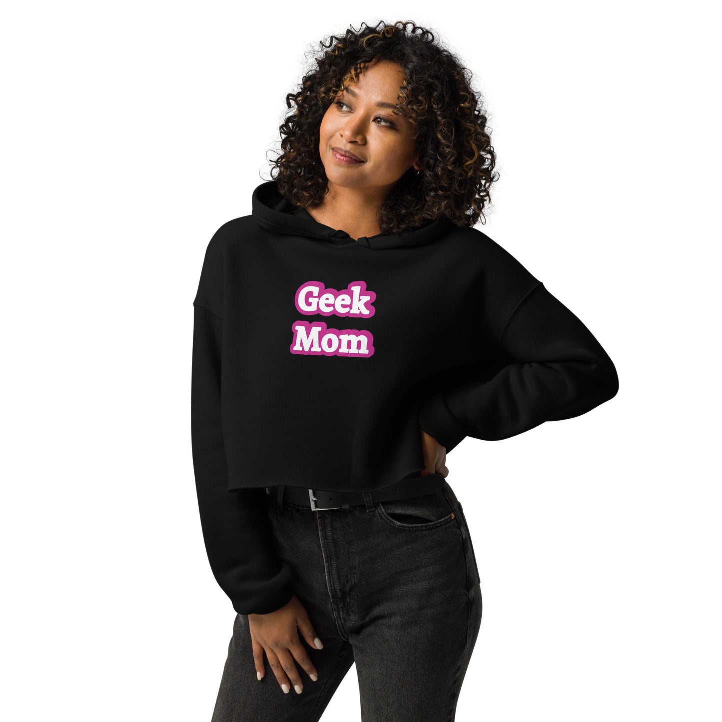 A woman wearing a black crop top hoodie that says Geek Mom in a pink Barbiecore font.