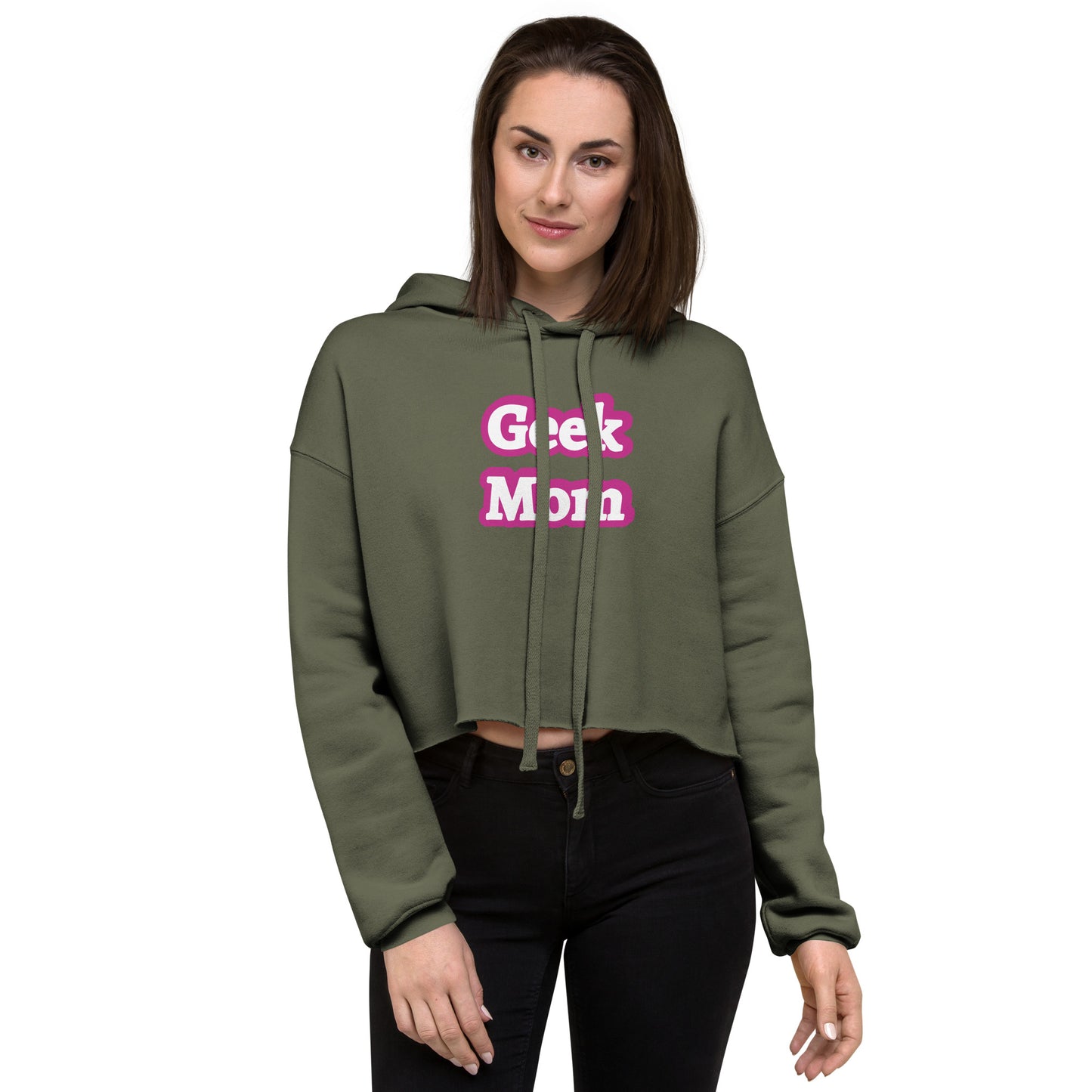 A woman wearing a green crop top hoodie that says Geek Mom in a pink Barbiecore font.