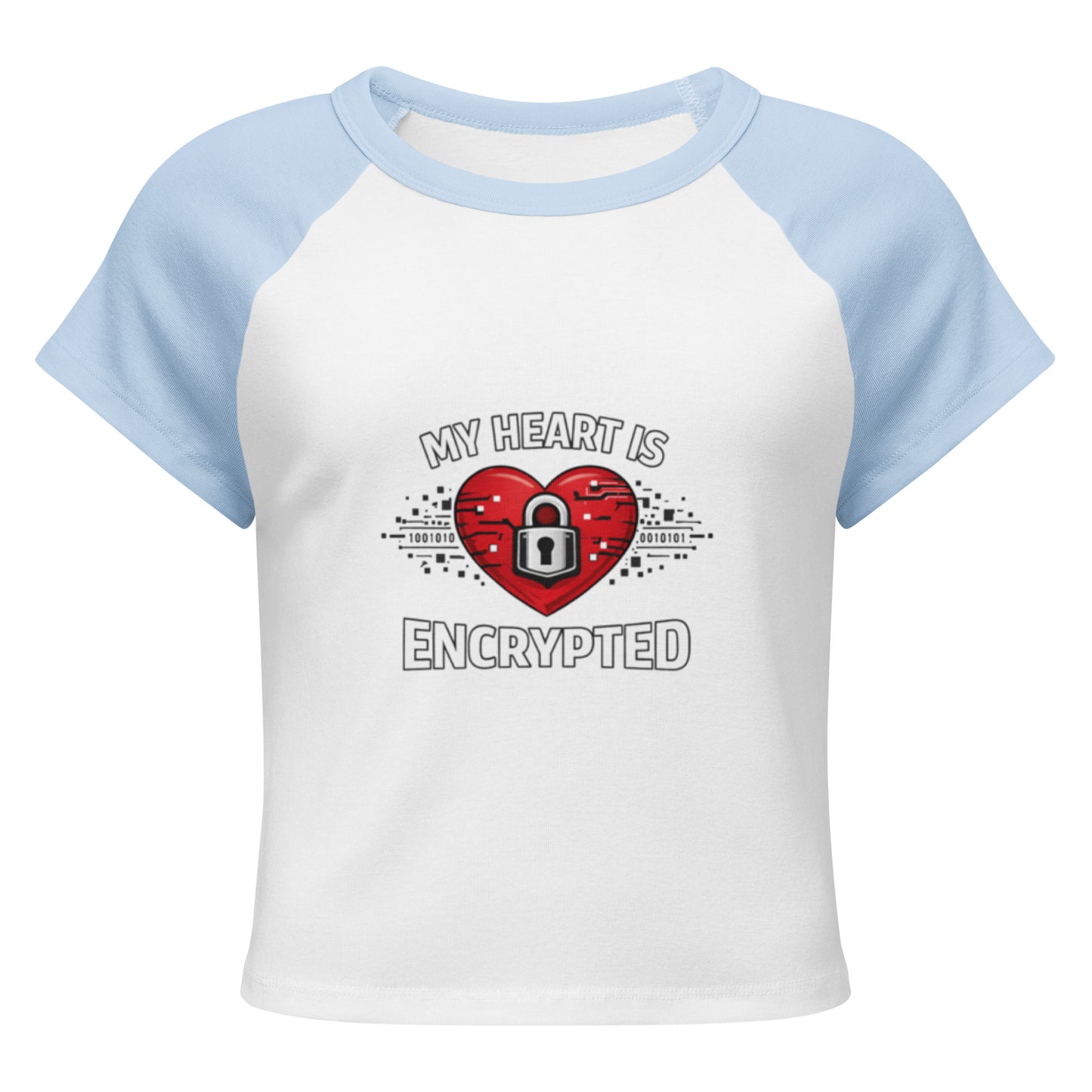 Front View of a women's white micro rib raglan baby t-shirt with baby blue sleeves showing a red heart with a lock on it and the words My Heart Is Encrypted surrounding it.