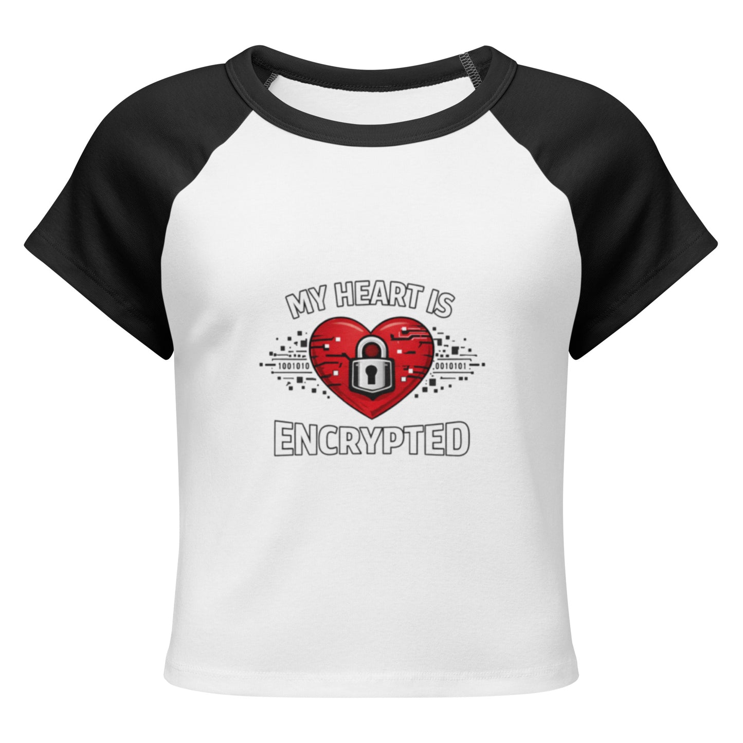 Front View of a women's white micro rib raglan baby t-shirt with black sleeves showing a red heart with a lock on it and the words My Heart Is Encrypted surrounding it.