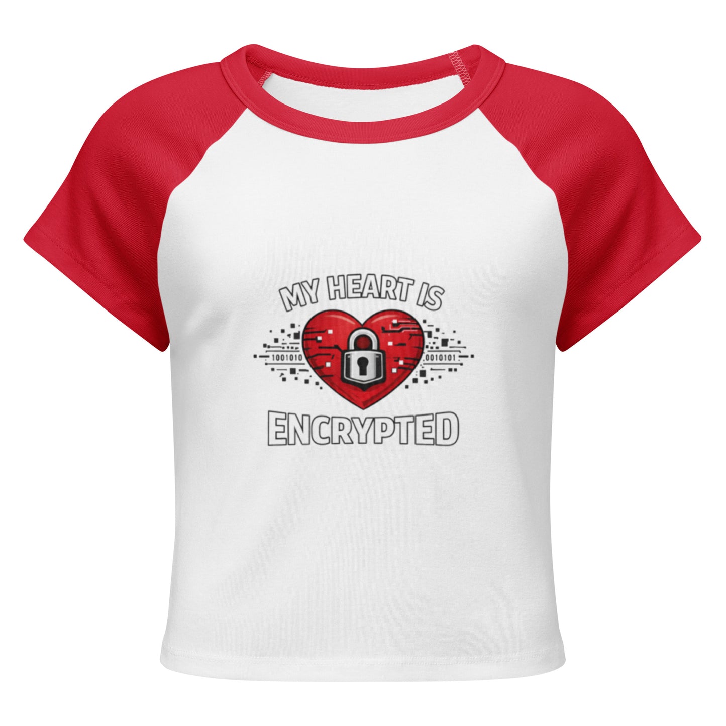Front View of a women's white micro rib raglan baby t-shirt with red sleeves showing a red heart with a lock on it and the words My Heart Is Encrypted surrounding it.