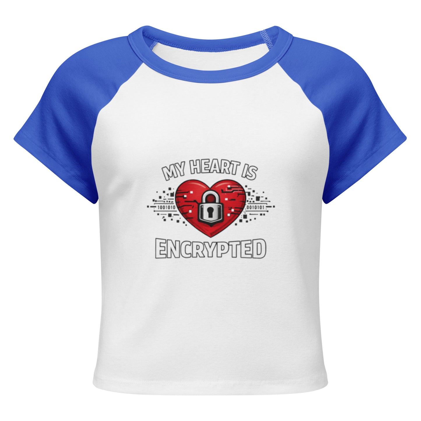 Front View of a women's white micro rib raglan baby t-shirt with blue sleeves showing a red heart with a lock on it and the words My Heart Is Encrypted surrounding it.